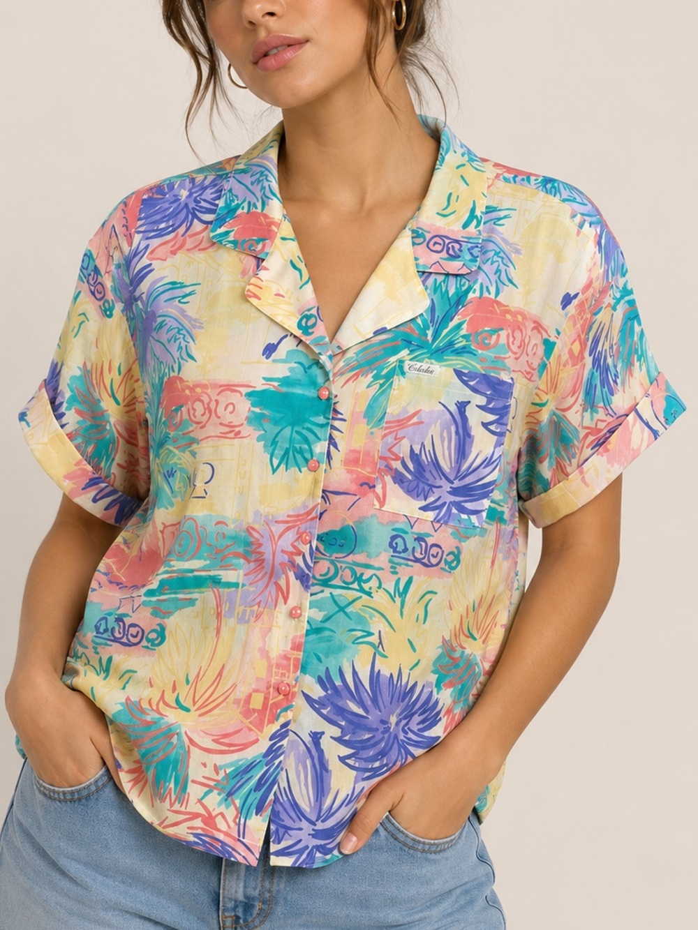 VTG 90s Caliche Tropical Abstract Palm Print Button Up Shirt M/L